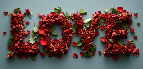 letters "LOVE" in the shape of a heart in buds and rose petals