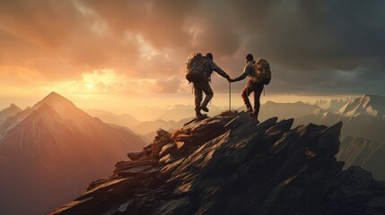 Hiker helping friend reach the mountain top, Generative Ai - obrazy, fototapety, plakaty