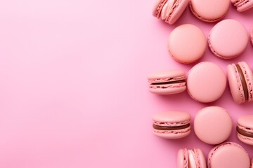 Fototapeta premium pink macaroons cookies minimal background with copy space left. Valentines day, romantic date surprise, cafe special offer flyer template banner.