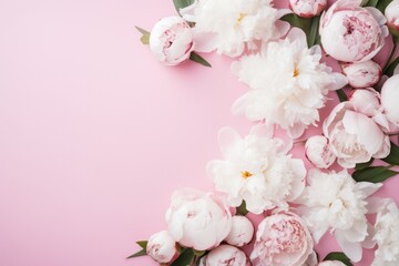 pastel pink minimal background with white peonies and copy space left. Valentines day romantic backdrop.
