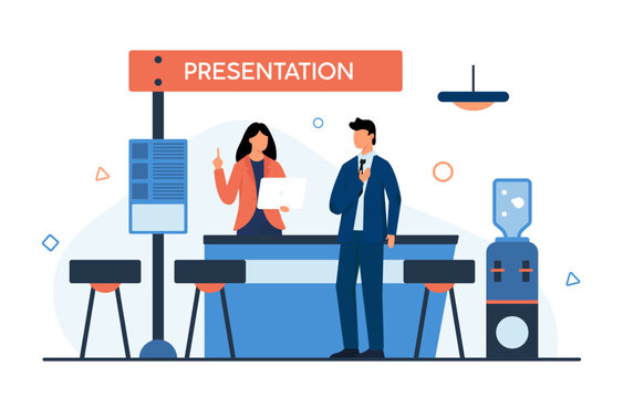 Businessman at promo presentation of business product or brand at exhibition or expo trade show. Man visitor standing at advertising booth stand with exhibits and promoter cartoon vector illustration