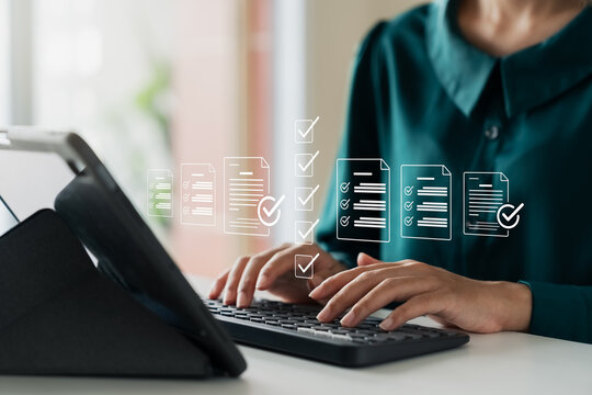 Business performance monitoring concept, businesswoman using laptop Online survey filling out, digital form checklist.