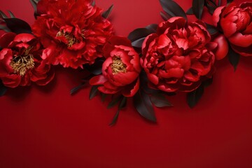 red minimal background with burgundy peonies and copy space bottom. Valentines day romantic backdrop.
