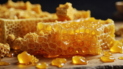 Fresh honeycomb, honeycomb and honey, naturally sweet, real natural honey, real natural honey product Healthy, healthy choices, health products, delicious honeycomb on wooden table,High quality photo,