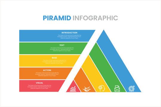 Pyramid infographic element template with 5 list and icons, layout vector for presentation, banner, brochure, flyer, report, etc.