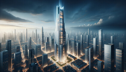 Futuristic Cityscape with a Dominant Skyscraper at Dusk - obrazy, fototapety, plakaty