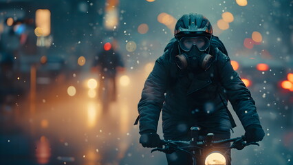 Man on a bicycle wears a gas mask in a smoke-filled city. It conveys health and environmental concerns in society that has problems with air pollution where toxic released from industrial activities.