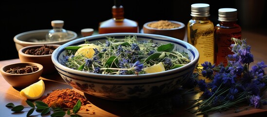 Bowl of herbal medicine concoction. Various health potions, alternative medicine. top view