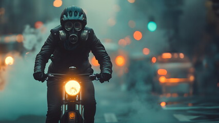 Man on a motorcycle wears gas mask in a smoke-filled city. It conveys health and environmental concerns in society that has problems with air pollution where toxic released from industrial activities.