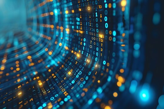 A dynamic visual of binary code streaming through a digital tunnel