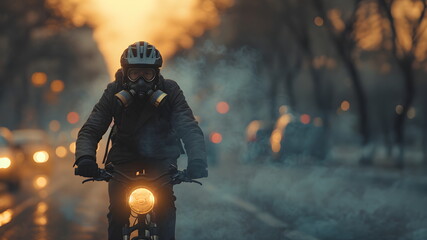 Man on a motorcycle wears gas mask in a smoke-filled city. It conveys health and environmental concerns in society that has problems with air pollution where toxic released from industrial activities. - obrazy, fototapety, plakaty