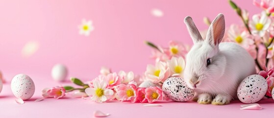 Happy Easter concept with easter eggs in spring flowers. Easter background with copy space.