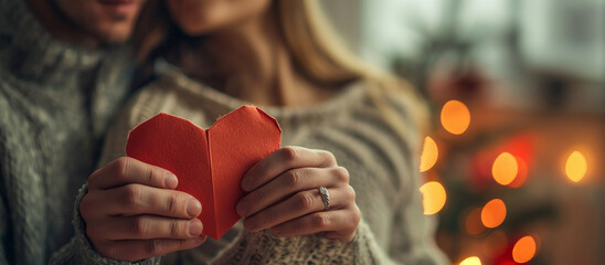 Happy Valentine's Day. Couple holding a paper heart with focus on hands, bokeh lights in background. - obrazy, fototapety, plakaty