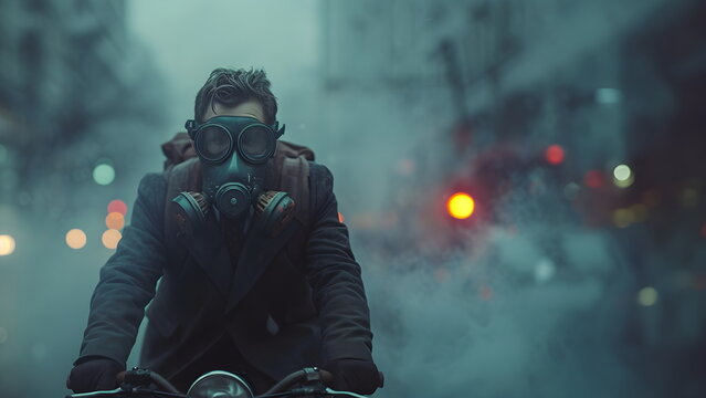 Man on a bicycle wears a gas mask in a smoke-filled city. It conveys health and environmental concerns in society that has problems with air pollution where toxic released from industrial activities.
