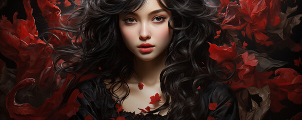 Wunderschöne Frau mit roten Lippen, Fantasieumgebung, Konzept der Anziehung und Liebe