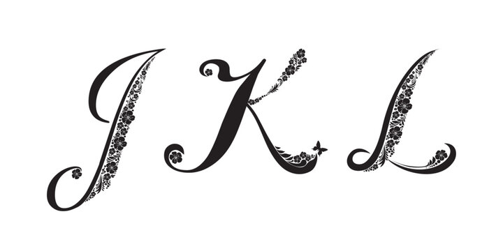 Letter J, K, L isolated on white. Romantic letter of beautiful flowers. Floral Alphabet. Vector Illustration