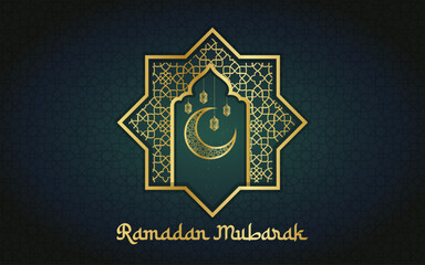 Realistic Ramadan Mubarak Background with Golden Lantern, Moon, And Mosque Vector Illustration. Ramadan Kareem Greeting Banner Or Poster Vector Template Design. Arabic Islamic Calligraphy Ornament