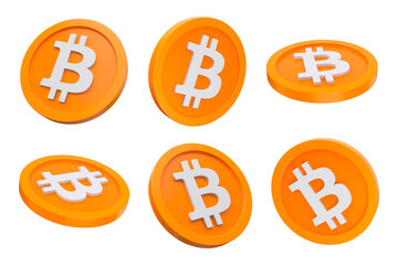 Bitcoin currency six set isolated. Cryptocurrency orange sign concept. 3d rendering.