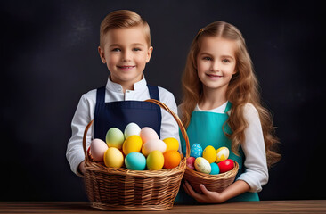 Fototapeta na wymiar Easter concept. A boy and a girl are holding a wicker basket with colorful Easter eggs on a dark background. Place for text, copy space.Banner.
