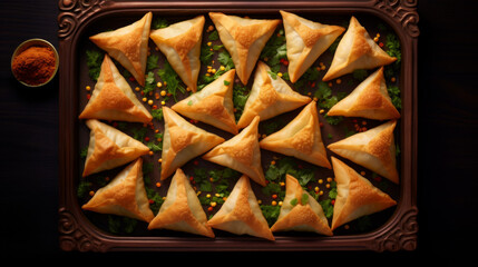 A platter of crispy and golden chicken samosas, a popular snack during the month of Ramadan