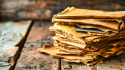 Vintage stack of papers and documents, representing an archive or historical collection in an abstract arrangement. - obrazy, fototapety, plakaty