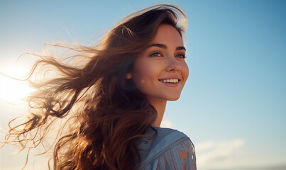 portret młodej brunetki z długimi włosami cieszącej się jasnym słońcem na tle błękitnego nieba - obrazy, fototapety, plakaty