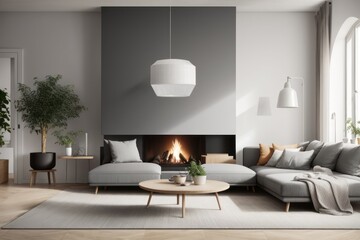 Scandinavian interior home design of modern living room with gray sofa and houseplants with fireplace and gray wall near the window