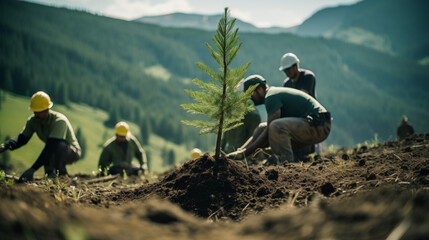  Sadzenie nowych drzew. sadzenie nowych drzew na otwartej przestrzeni w górach. drzewa iglaste