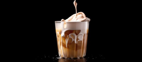 Milk cream poured into iced coffee, copy space view
