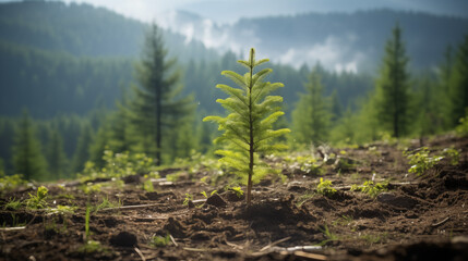  Sadzenie nowych drzew. sadzenie nowych drzew na otwartej przestrzeni w górach. drzewa iglaste - obrazy, fototapety, plakaty