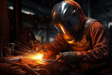 Fototapeta premium As worker welding using gas argon to steel light sparks are created that smoke in factory at work AI Generation