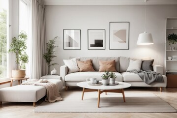 Scandinavian interior home design of modern living room with gray sofa and houseplants with gray wall near the window