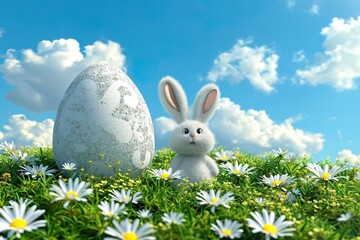 mockup easter egg and chubby cute bunny on green meadow