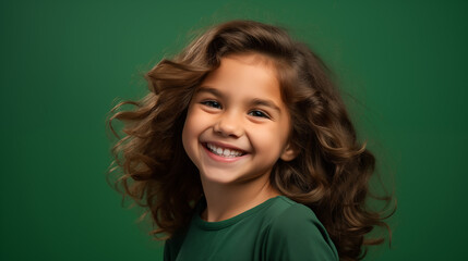 Portret studyjny dziewczynki uśmiechniętej na zielonym tle z dużą ilością wolnego tła - obrazy, fototapety, plakaty
