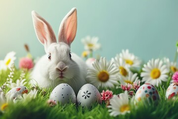 mockup easter egg and chubby cute bunny on green meadow