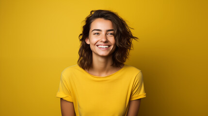 Naklejka premium Portret studyjny młodej kobiety uśmiechniętej na żółtym tle z dużą ilością wolnego tła