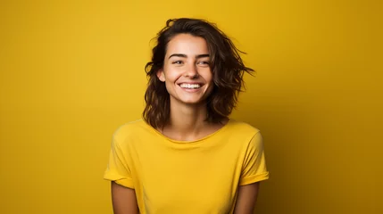 Tuinposter Portret studyjny młodej kobiety uśmiechniętej na żółtym tle z dużą ilością wolnego tła © hunter76