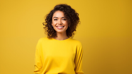 Portret studyjny młodej kobiety uśmiechniętej na żółtym tle z dużą ilością wolnego tła