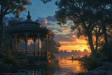 Serene twilight gazebos, offering peaceful refuge in the hour between day and night - Generative AI - obrazy, fototapety, plakaty