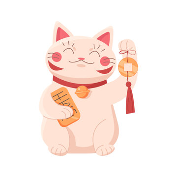 Cute japanese lucky cat. Maneki neko bringing money and happiness cartoon vector illustration