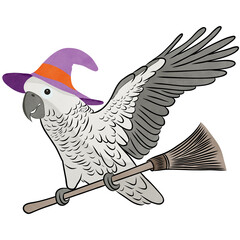 Cute African gray Parrot Bird wearing halloween hat and standing on broom.