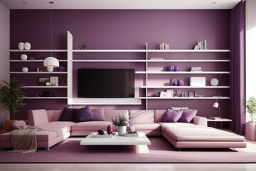 Interior home design of modern living room with sofa and bookshelf and dirty purple wall near the window