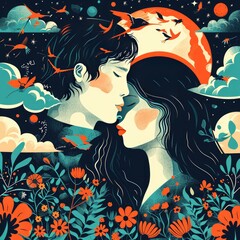 Happy Valentine's Day flat illustration. Boyfriend and girlfriend in cartoon style. Couple in love. Young man and girl . Romantic partners on a date. Generative Ai.	