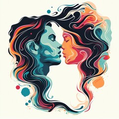 Happy Valentine's Day flat illustration. Boyfriend and girlfriend in cartoon style. Couple in love. Young man and girl . Romantic partners on a date. Generative Ai.	