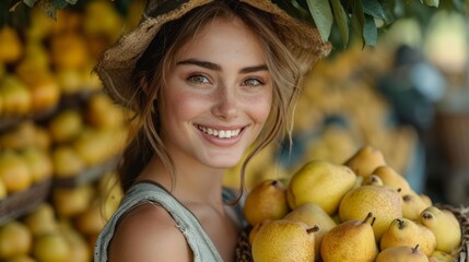 A cheerful young woman in a straw hat in a beautiful country garden, carrying a basket of freshly picked juicy, ripe pears. - Powered by Adobe