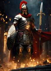 Fototapeta premium Roman male legionary, legionaries wear helmet with crest, long sword and scutum shield, heavy infantryman, realistic soldier of the army of the Roman Empire, on Rome background. Warrior Gladiator