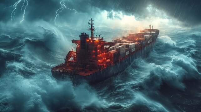 A monumental container ship bravely faces a formidable ocean tempest, as towering waves and dark storm clouds create an epic and dramatic encounter at sea.