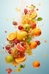 An array of colorful fresh fruits caught in a burst of water splash, creating a refreshing and dynamic image against a clear blue background.
