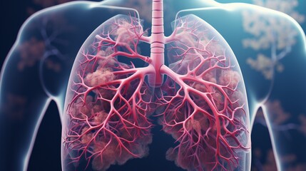 Illustrate a detailed 3D representation of the respiratory anatomy, emphasizing the pathology of lung cancer.