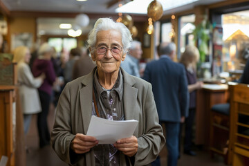 A middle-aged woman owner and manager of a nursing home holds documents in her hand. Elderly people are seen in the background. - obrazy, fototapety, plakaty
